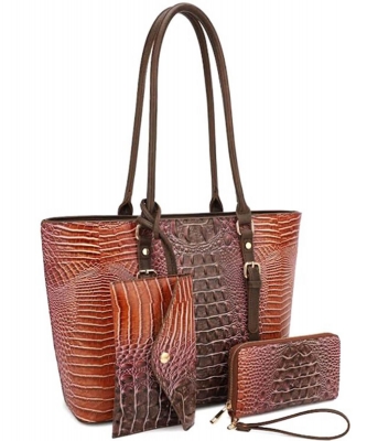 Croc Embossed 3 In 1 Tote Set ZZW-31263 COFFEE